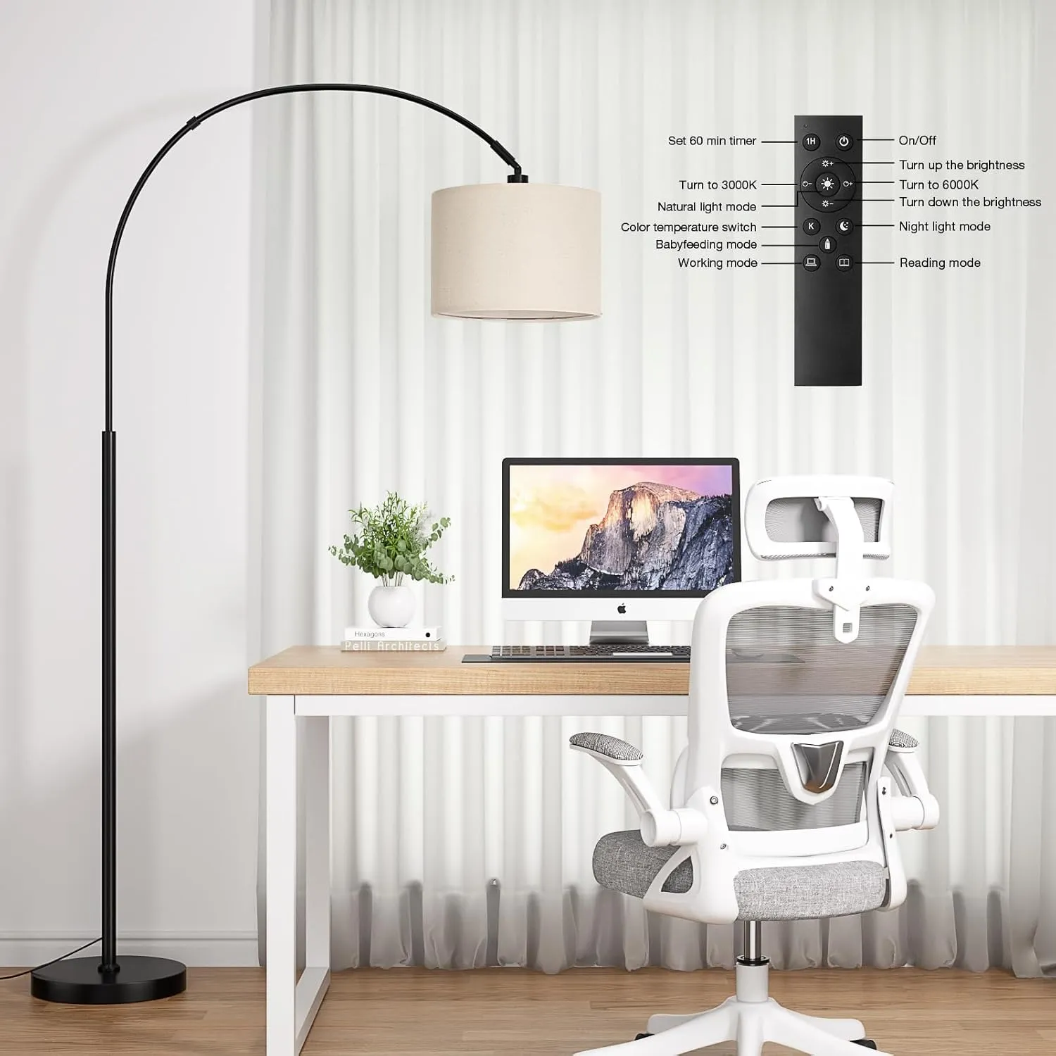 Ambimall 70" Dimmable Arc Floor Lamp with Remote, Color Temperature and Brightness Adjustable, Arched Floor Lamp with Rotating Head, Over Couch Arched Reading Light for Living Room (Beige and Black)
