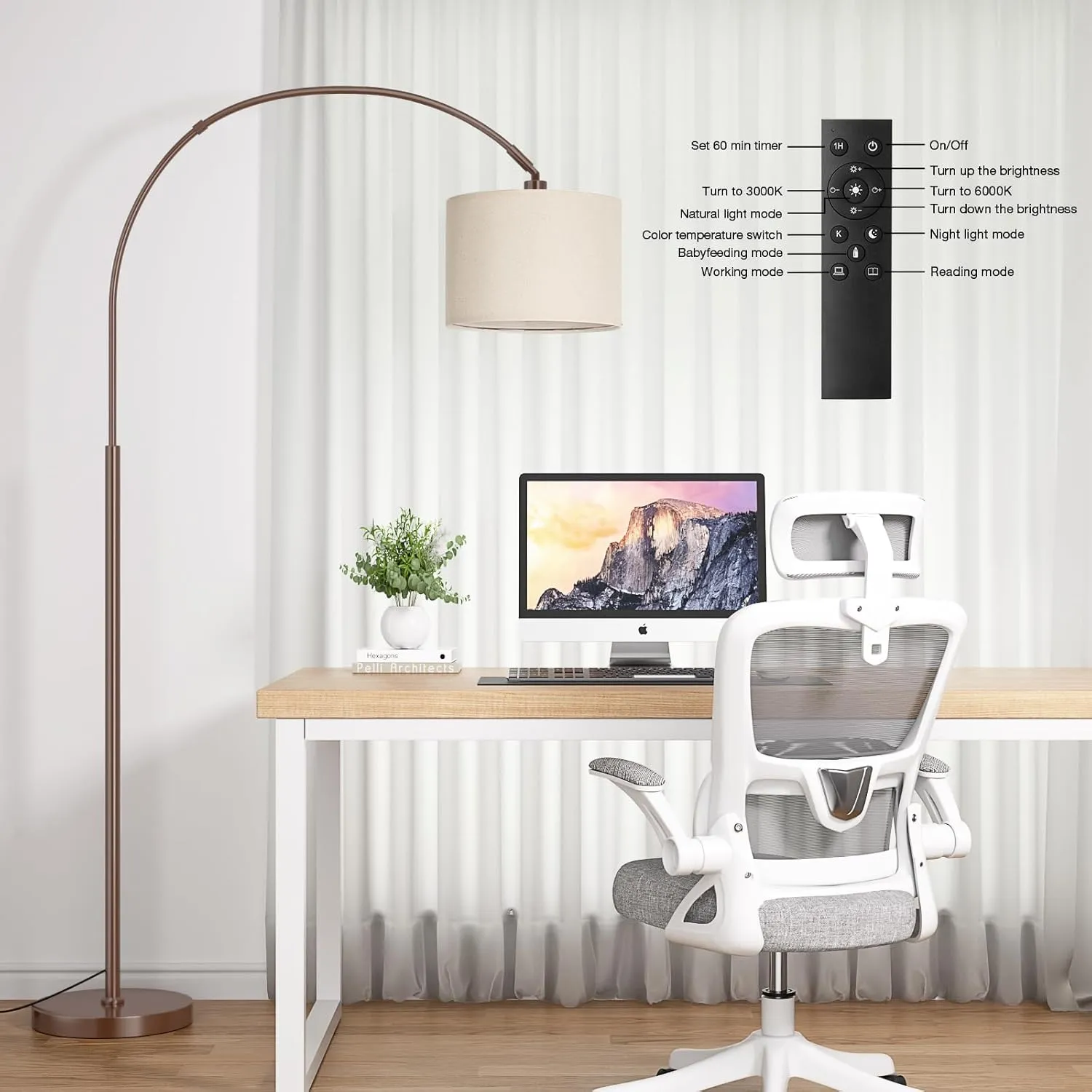 Ambimall 70" Dimmable Arc Floor Lamp with Remote, Color Temperatures and Brightness Adjustable, Arched Floor Lamp with Rotating Head, Over Couch Arched Reading Light for Living Room (Beige and Brown)