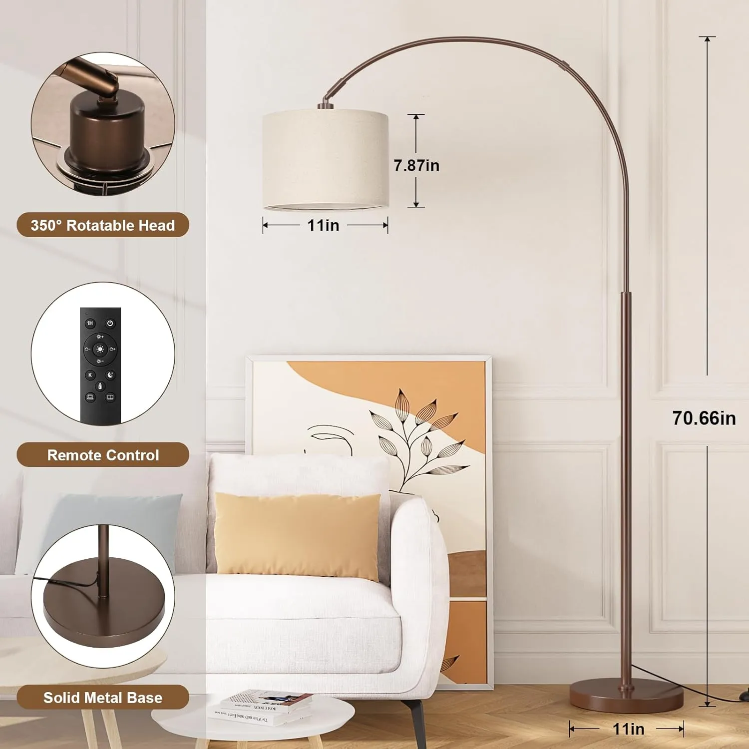 Ambimall 70" Dimmable Arc Floor Lamp with Remote, Color Temperatures and Brightness Adjustable, Arched Floor Lamp with Rotating Head, Over Couch Arched Reading Light for Living Room (Beige and Brown)