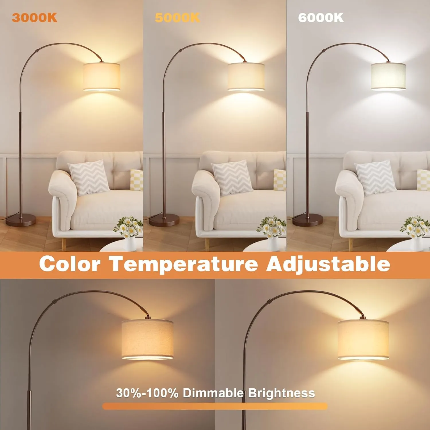 Ambimall 70" Dimmable Arc Floor Lamp with Remote, Color Temperatures and Brightness Adjustable, Arched Floor Lamp with Rotating Head, Over Couch Arched Reading Light for Living Room (Beige and Brown)