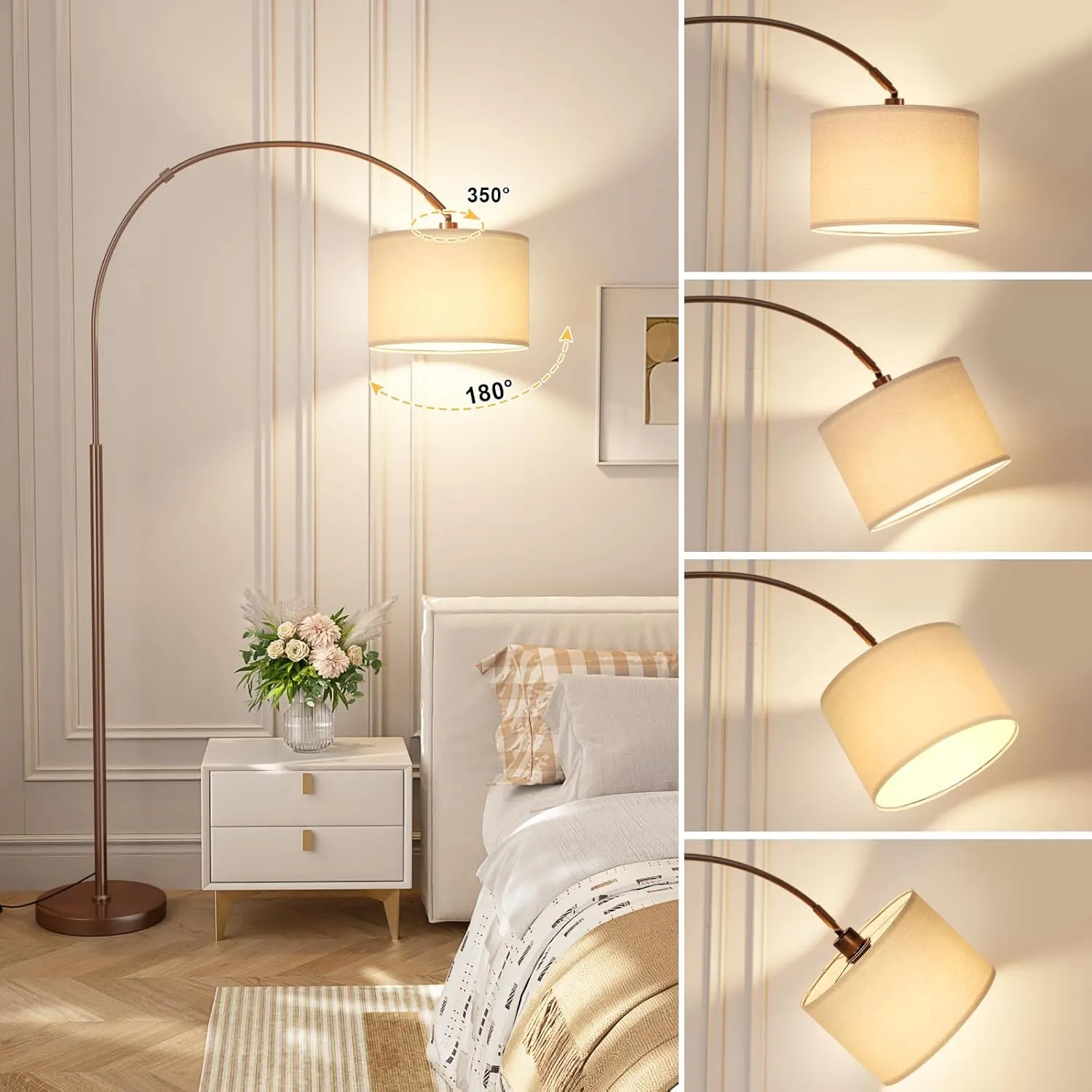Ambimall 70" Dimmable Arc Floor Lamp with Remote, Color Temperatures and Brightness Adjustable, Arched Floor Lamp with Rotating Head, Over Couch Arched Reading Light for Living Room (Beige and Brown)