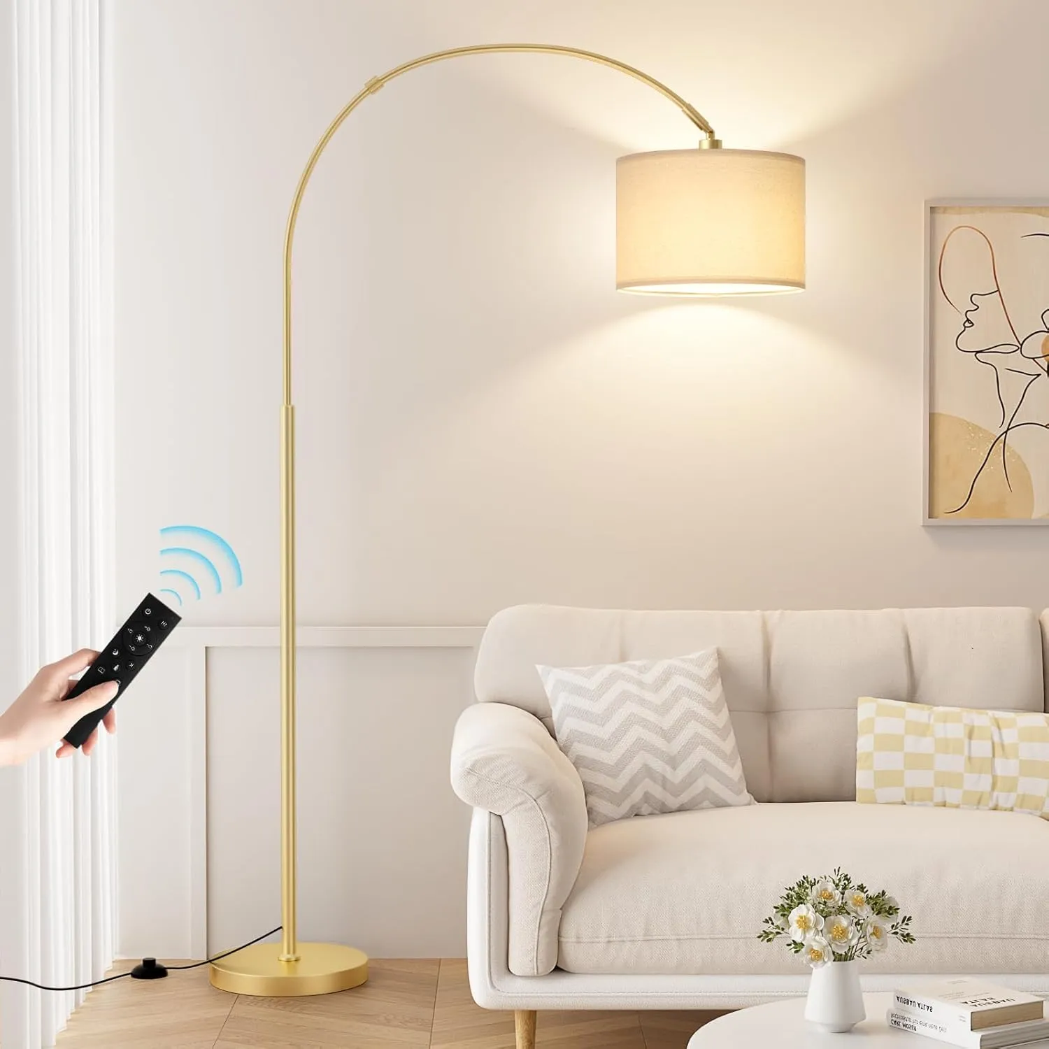 Ambimall 70" Dimmable Arc Floor Lamp with Remote, Color Temperatures and Brightness Adjustable, Arched Floor Lamp with Rotating Head, Over Couch Arched Reading Light for Living Room (Beige and Gold)
