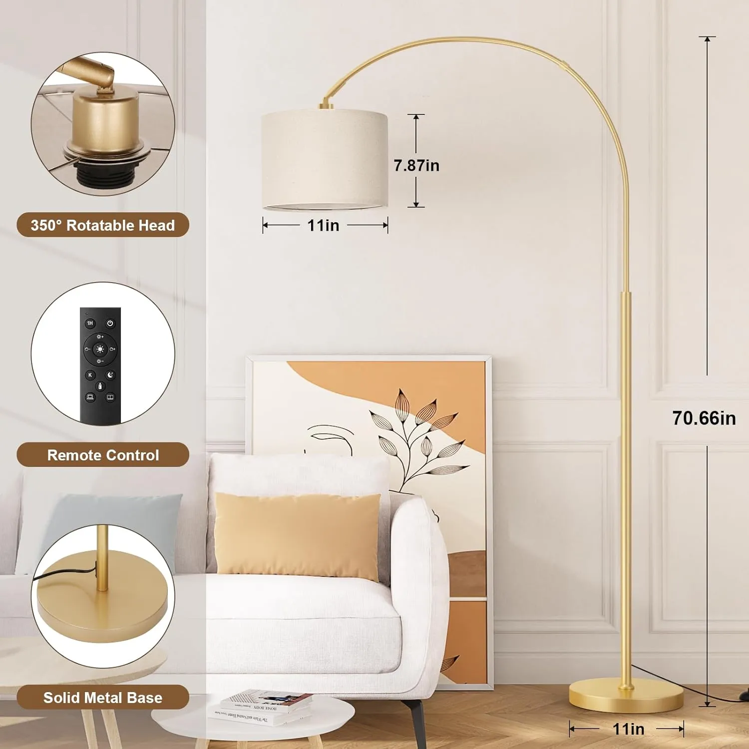 Ambimall 70" Dimmable Arc Floor Lamp with Remote, Color Temperatures and Brightness Adjustable, Arched Floor Lamp with Rotating Head, Over Couch Arched Reading Light for Living Room (Beige and Gold)