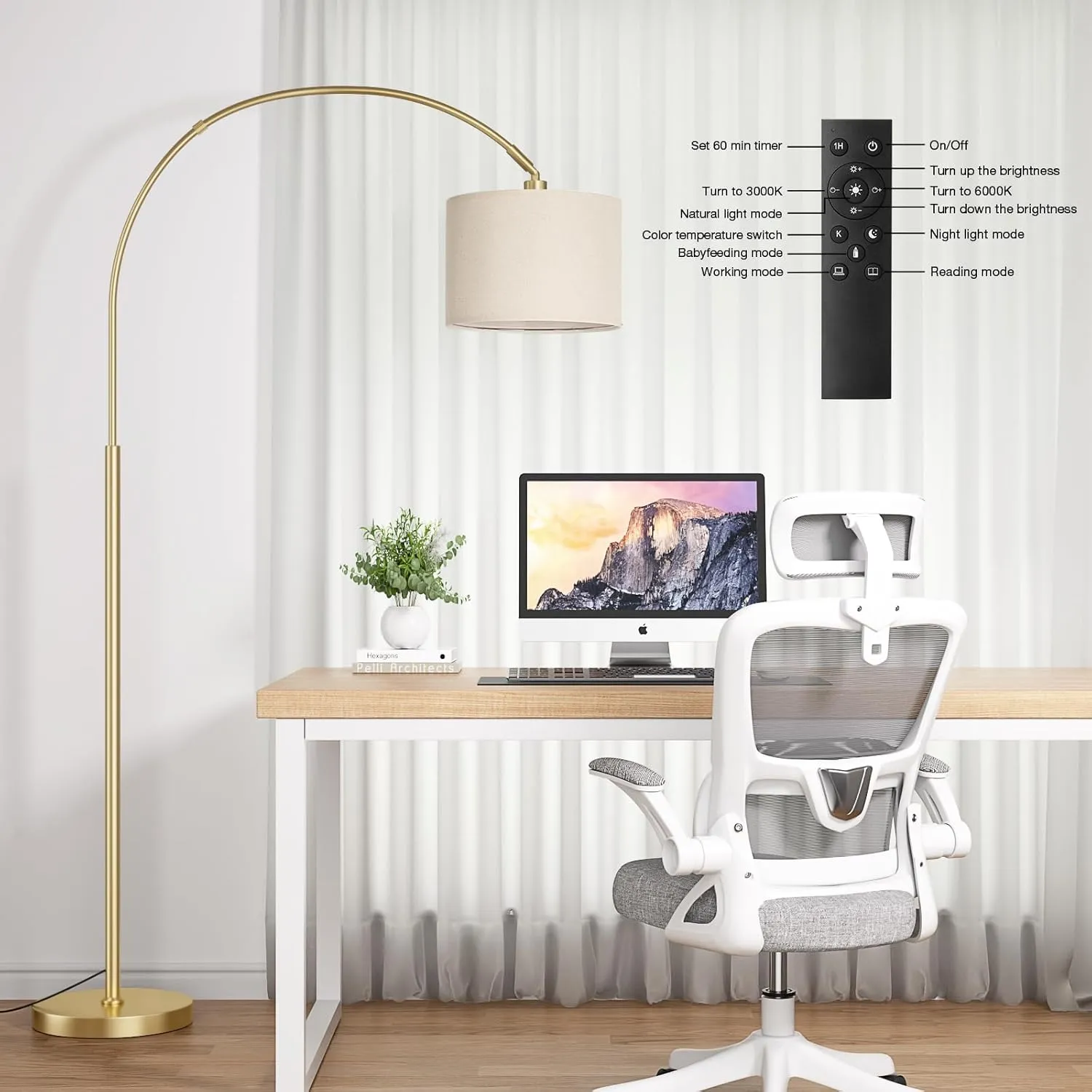 Ambimall 70" Dimmable Arc Floor Lamp with Remote, Color Temperatures and Brightness Adjustable, Arched Floor Lamp with Rotating Head, Over Couch Arched Reading Light for Living Room (Beige and Gold)