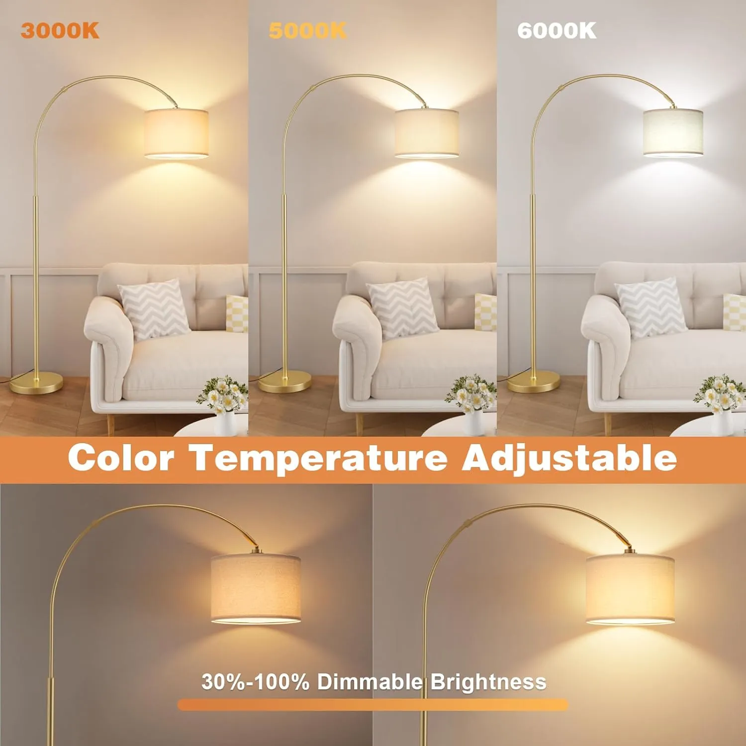 Ambimall 70" Dimmable Arc Floor Lamp with Remote, Color Temperatures and Brightness Adjustable, Arched Floor Lamp with Rotating Head, Over Couch Arched Reading Light for Living Room (Beige and Gold)