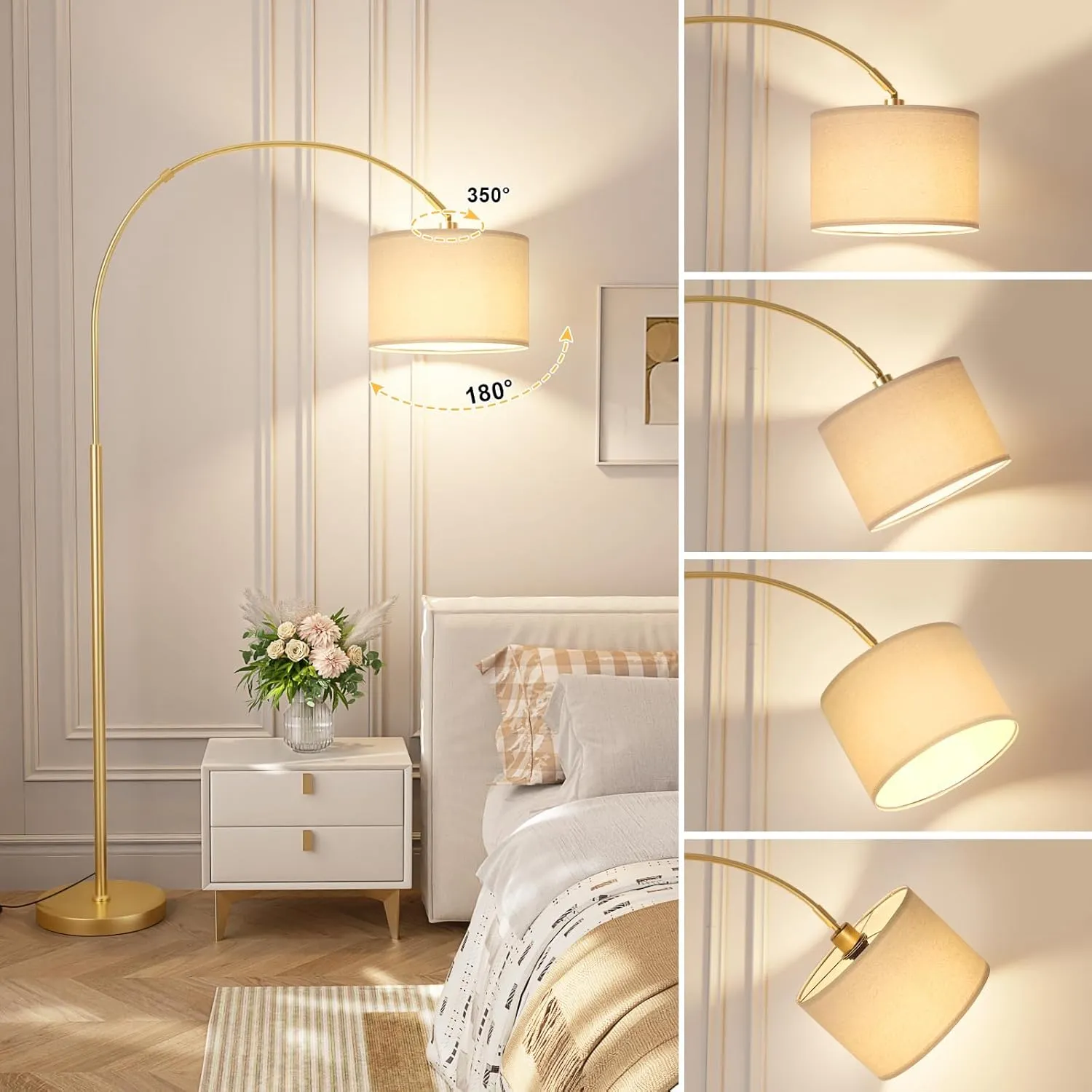 Ambimall 70" Dimmable Arc Floor Lamp with Remote, Color Temperatures and Brightness Adjustable, Arched Floor Lamp with Rotating Head, Over Couch Arched Reading Light for Living Room (Beige and Gold)