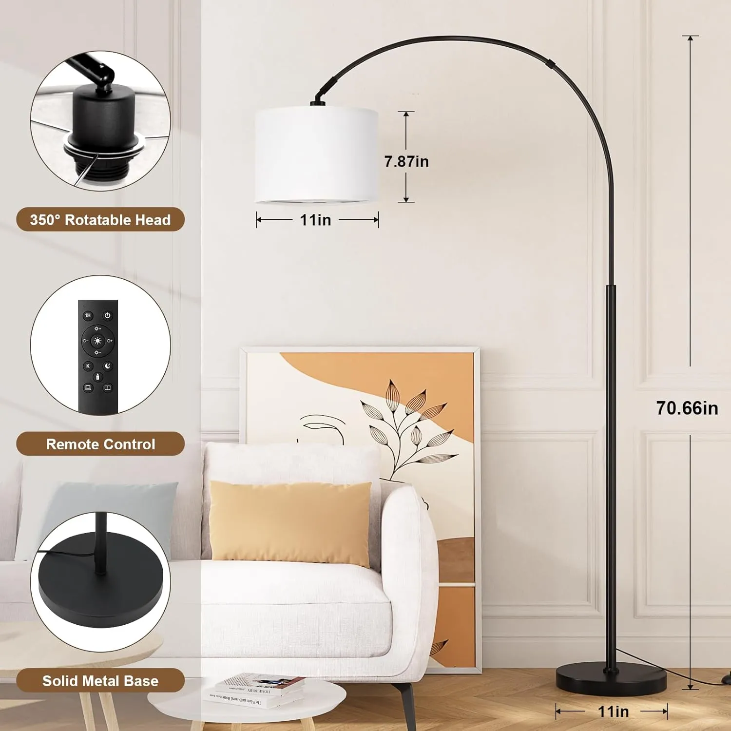 Ambimall 70" Dimmable Arc Floor Lamp with Remote, Color Temperatures and Brightness Adjustable, Arched Floor Lamp with Rotating Head, Over Couch Arched Reading Light for Living Room (White and Black)