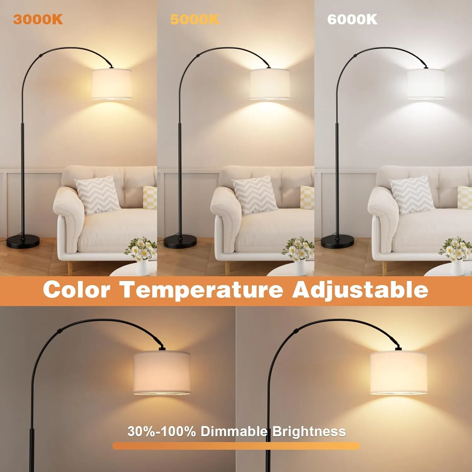 Ambimall 70" Dimmable Arc Floor Lamp with Remote, Color Temperatures and Brightness Adjustable, Arched Floor Lamp with Rotating Head, Over Couch Arched Reading Light for Living Room (White and Black)