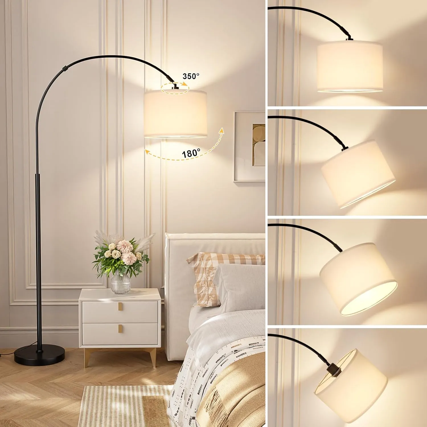 Ambimall 70" Dimmable Arc Floor Lamp with Remote, Color Temperatures and Brightness Adjustable, Arched Floor Lamp with Rotating Head, Over Couch Arched Reading Light for Living Room (White and Black)