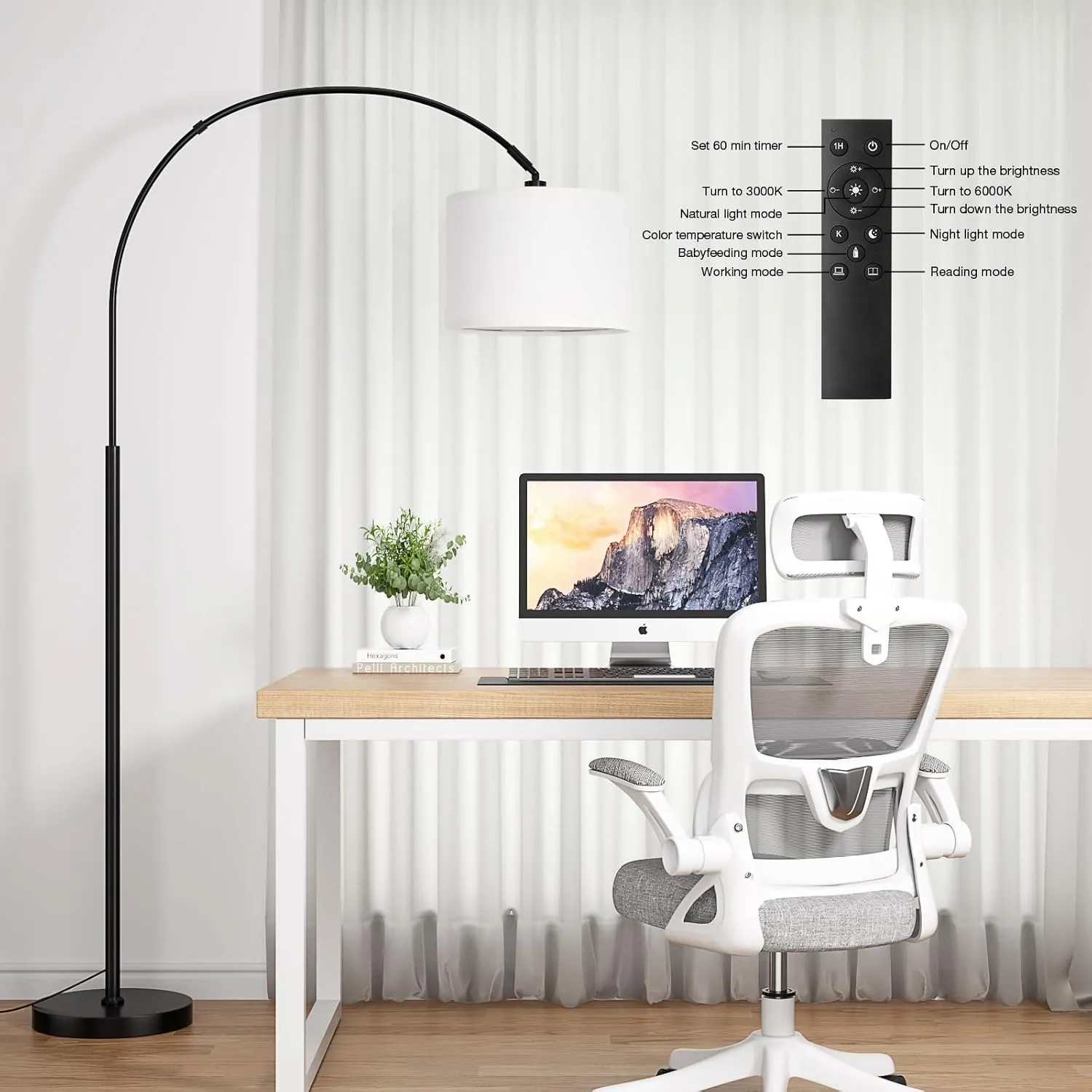 Ambimall 70" Dimmable Arc Floor Lamp with Remote, Color Temperatures and Brightness Adjustable, Arched Floor Lamp with Rotating Head, Over Couch Arched Reading Light for Living Room (White and Black)