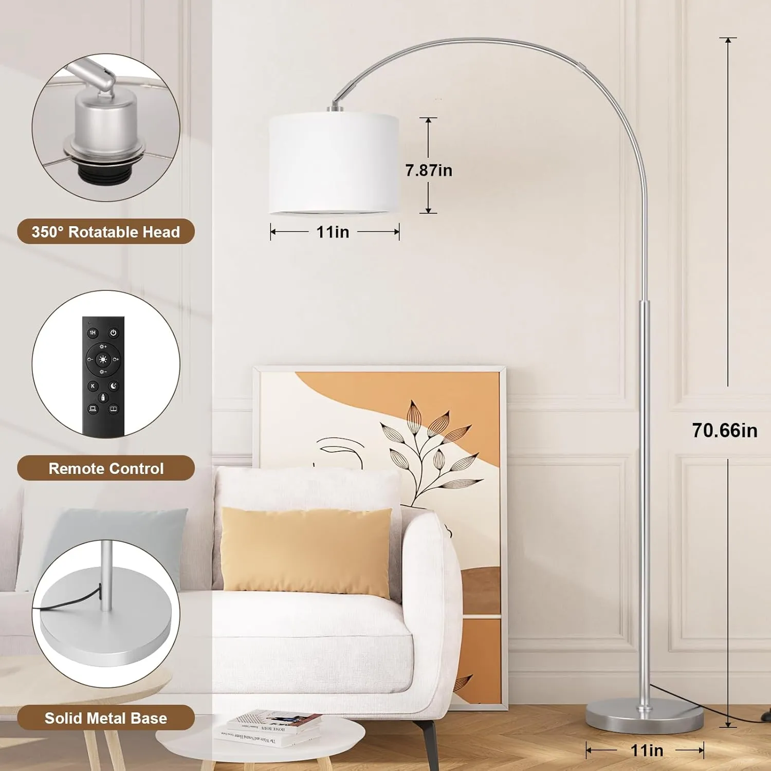 Ambimall 70" Dimmable Arc Floor Lamp with Remote, Color Temperatures and Brightness Adjustable, Arched Floor Lamp with Rotating Head, Over Couch Arched Reading Light for Living Room (White and Silver)