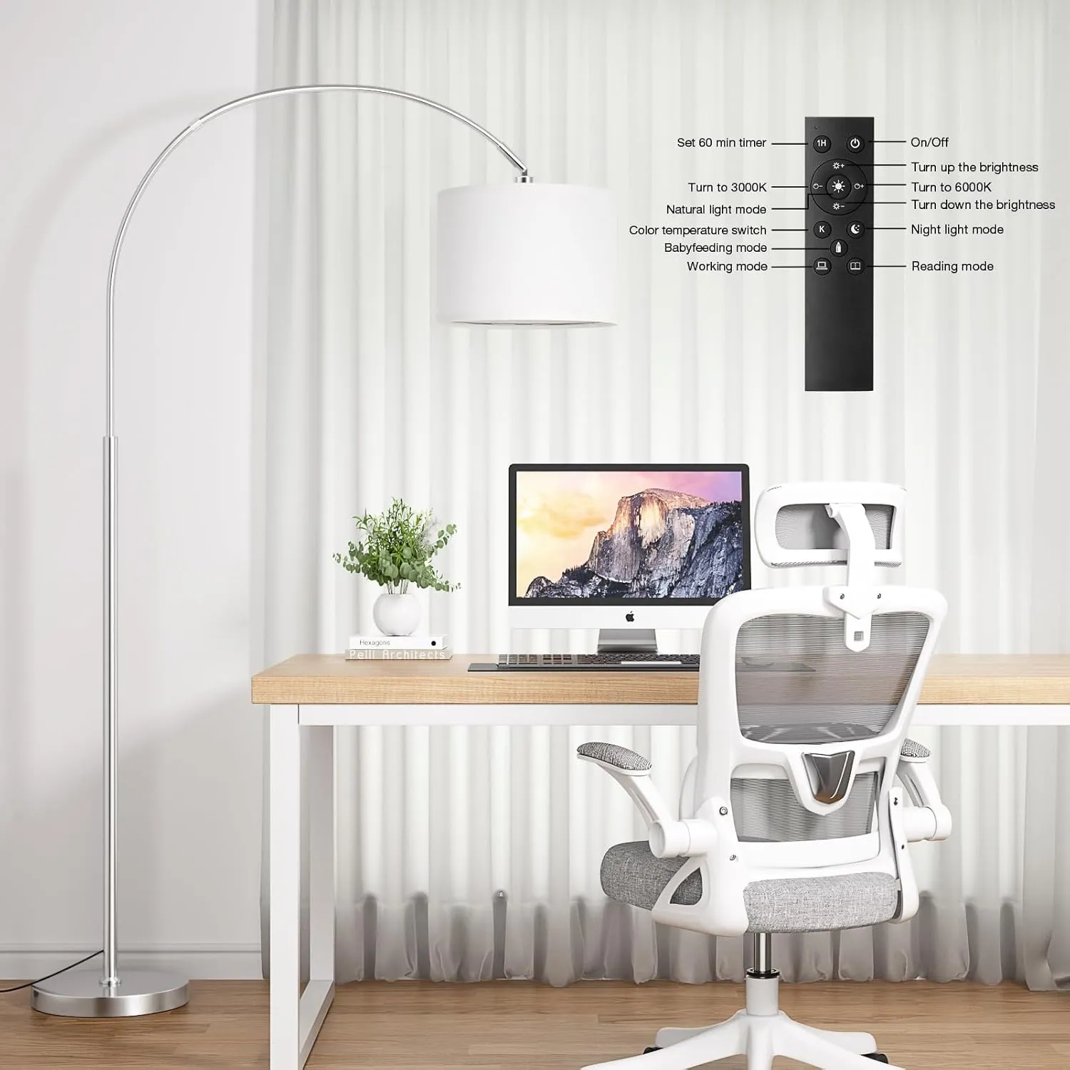 Ambimall 70" Dimmable Arc Floor Lamp with Remote, Color Temperatures and Brightness Adjustable, Arched Floor Lamp with Rotating Head, Over Couch Arched Reading Light for Living Room (White and Silver)