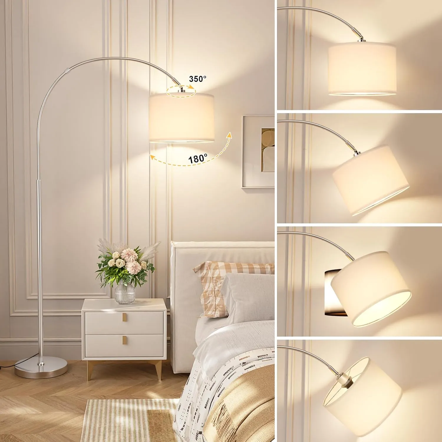 Ambimall 70" Dimmable Arc Floor Lamp with Remote, Color Temperatures and Brightness Adjustable, Arched Floor Lamp with Rotating Head, Over Couch Arched Reading Light for Living Room (White and Silver)