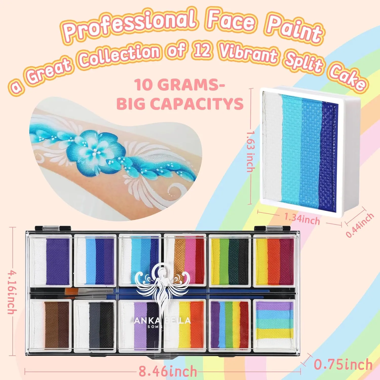 Anka Bella Professional Split Cake Face Paint(120gm),Water Based Face Painting Kit for Kids & Adults,Hypoallergenic & Non-Toxic,Gift for Birthday Parties/Halloween/Carnival