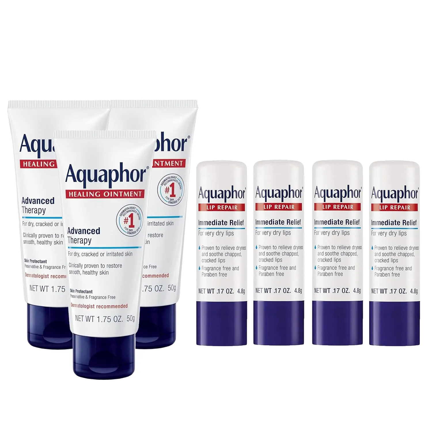 Aquaphor Skin Care Set, Healing Ointment & Lip Repair Sticks, Multi-Purpose Moisturizer for Dry Skin & Chapped Lips, 3x1.75 Oz Tube   4x0.17 Oz Stick