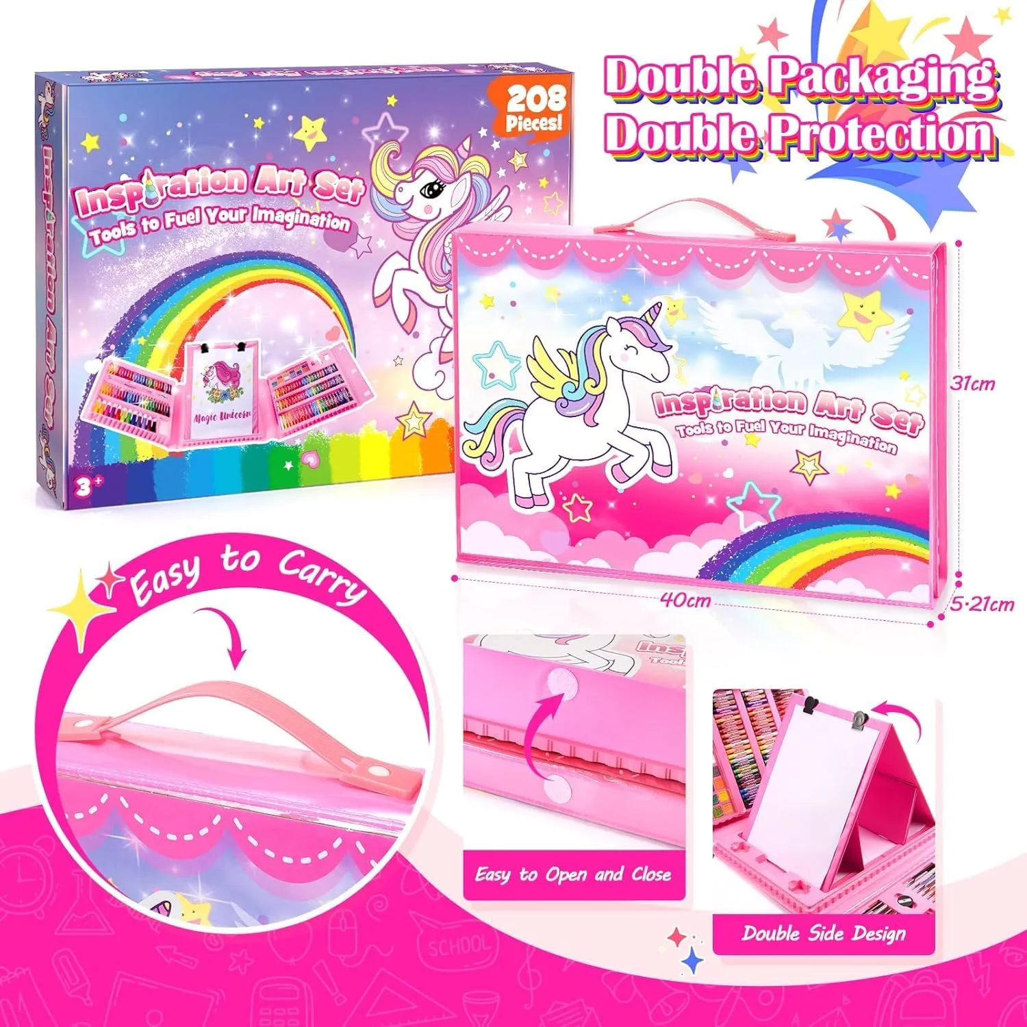 Art Supplies, Art Kits Arts and Crafts for Kids Age 4-6 6-8 8-12 with Trifold Easel,Includes Sketch Pads,Oil Pastels,Crayons,Colored Pencils,Drawing Set for 3-12 Year Olds Girls Boys (Unicon-Pink)