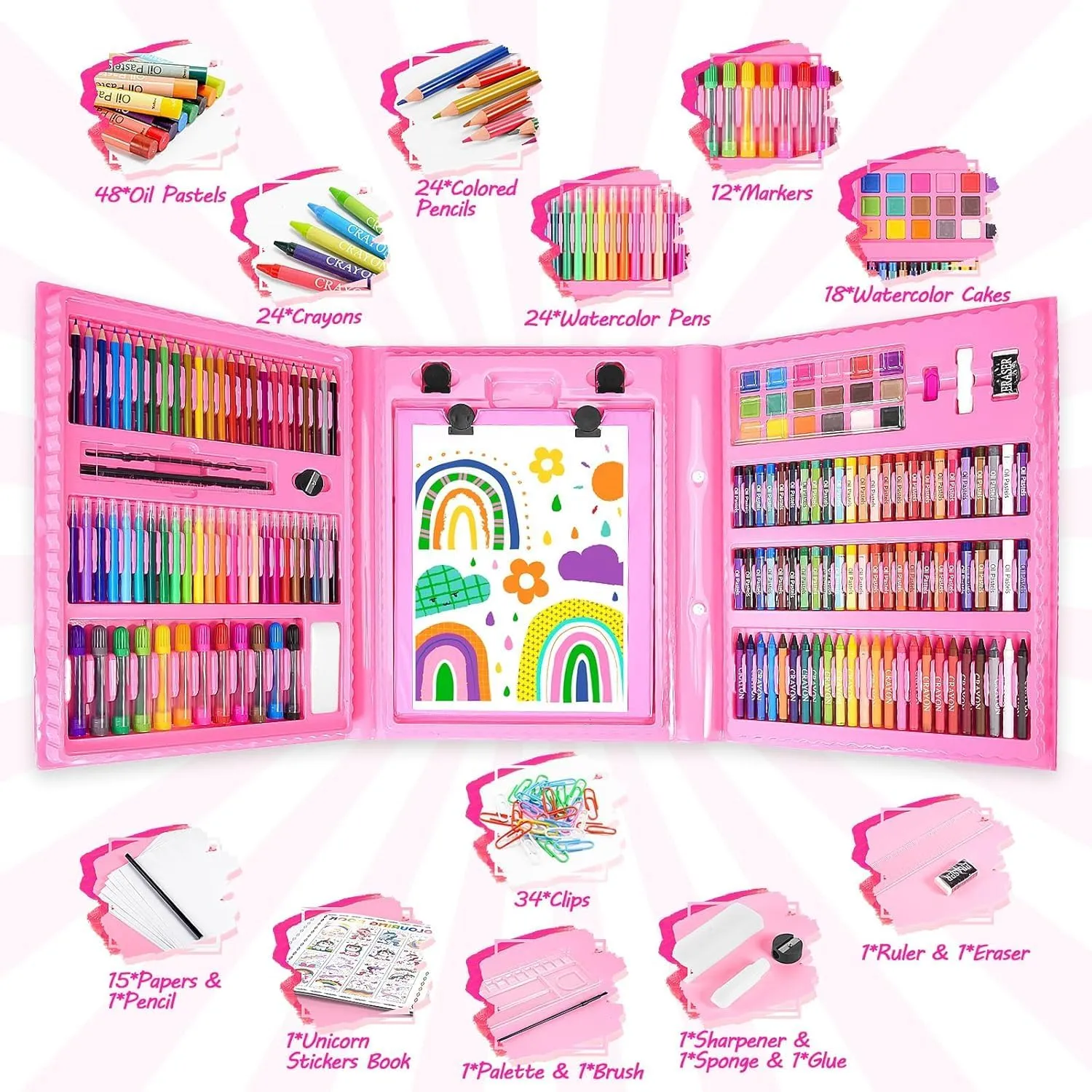 Art Supplies, Art Kits Arts and Crafts for Kids Age 4-6 6-8 8-12 with Trifold Easel,Includes Sketch Pads,Oil Pastels,Crayons,Colored Pencils,Drawing Set for 3-12 Year Olds Girls Boys (Unicon-Pink)
