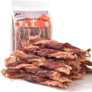 ASMPET Dog Jerky Treats, Triple Flavor Chicken Duck Cod Jerky Twist Sticks Rawhide Free Grain Free for Small Medium Large Dogs 10.6oz