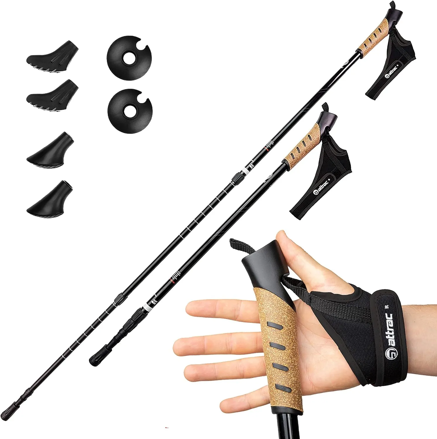 ATTRAC Trekking Poles Classic 27-53 in Sticks for Hiking with Anti-Shock Cushioning - Lightweight Nordic Walking Poles Telescopic Adjustment Aluminium with Cork Grip