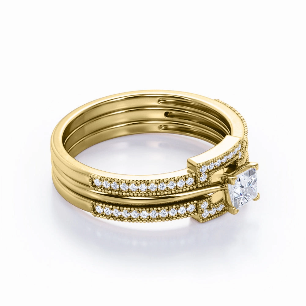 Authentic 1 carat Princess cut Moissanite and diamond halo inspired trio wedding ring set for women in rose gold