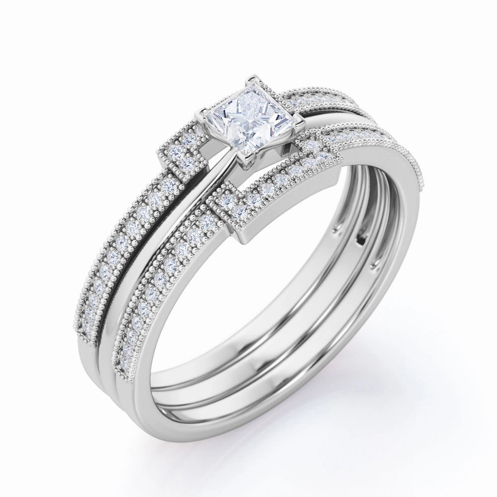 Authentic 1 carat Princess cut Moissanite and diamond halo inspired trio wedding ring set for women in rose gold