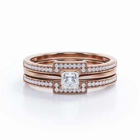 Authentic 1 carat Princess cut Moissanite and diamond halo inspired trio wedding ring set for women in rose gold