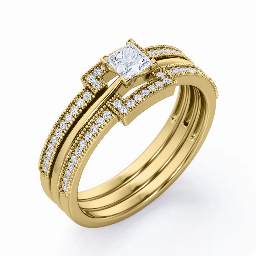 Authentic 1 carat Princess cut Moissanite and diamond halo inspired trio wedding ring set for women in rose gold
