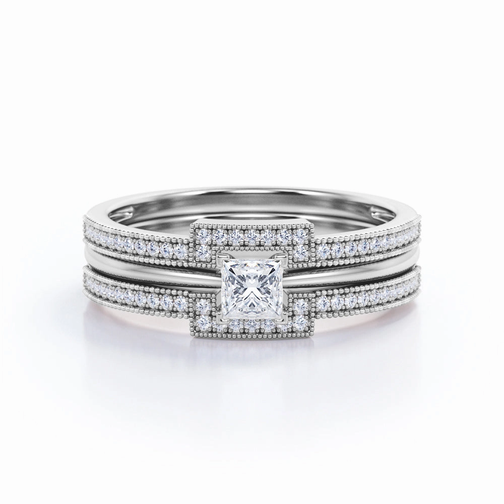 Authentic 1 carat Princess cut Moissanite and diamond halo inspired trio wedding ring set for women in rose gold