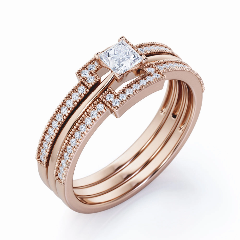 Authentic 1 carat Princess cut Moissanite and diamond halo inspired trio wedding ring set for women in rose gold
