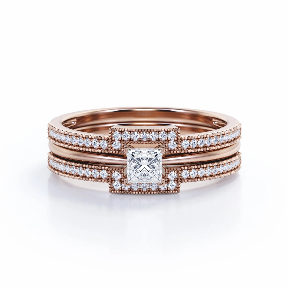 Authentic 1 carat Princess cut Moissanite and diamond halo inspired trio wedding ring set for women in rose gold