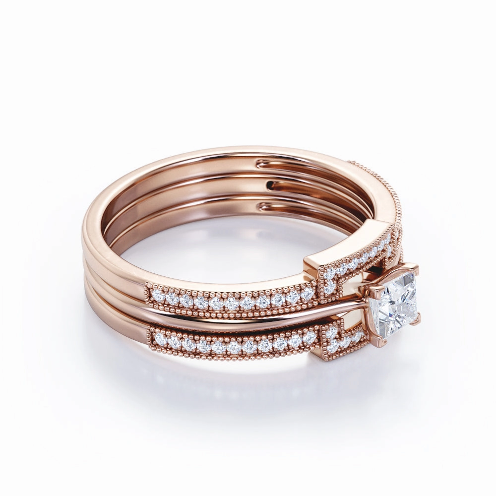 Authentic 1 carat Princess cut Moissanite and diamond halo inspired trio wedding ring set for women in rose gold