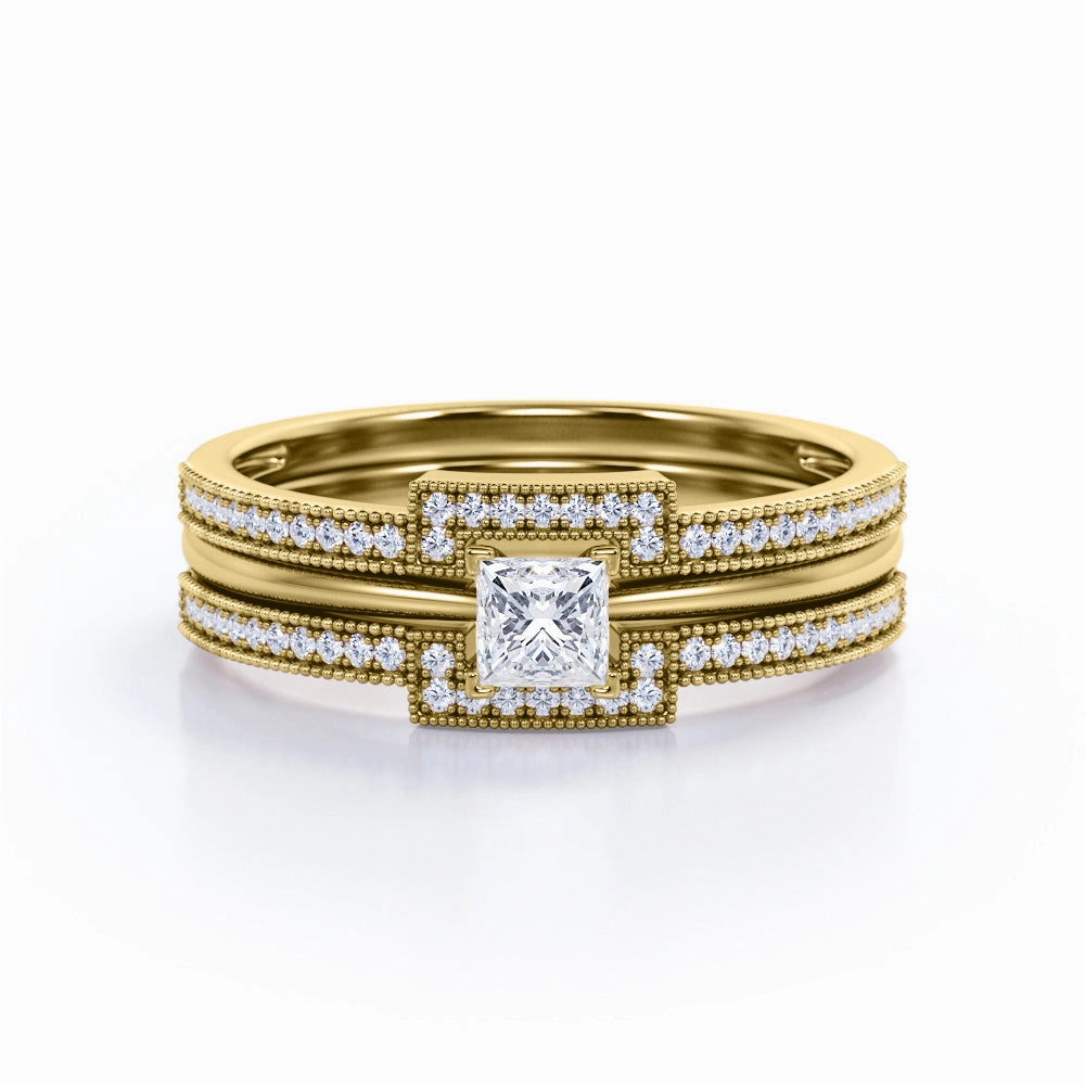 Authentic 1 carat Princess cut Moissanite and diamond halo inspired trio wedding ring set for women in rose gold
