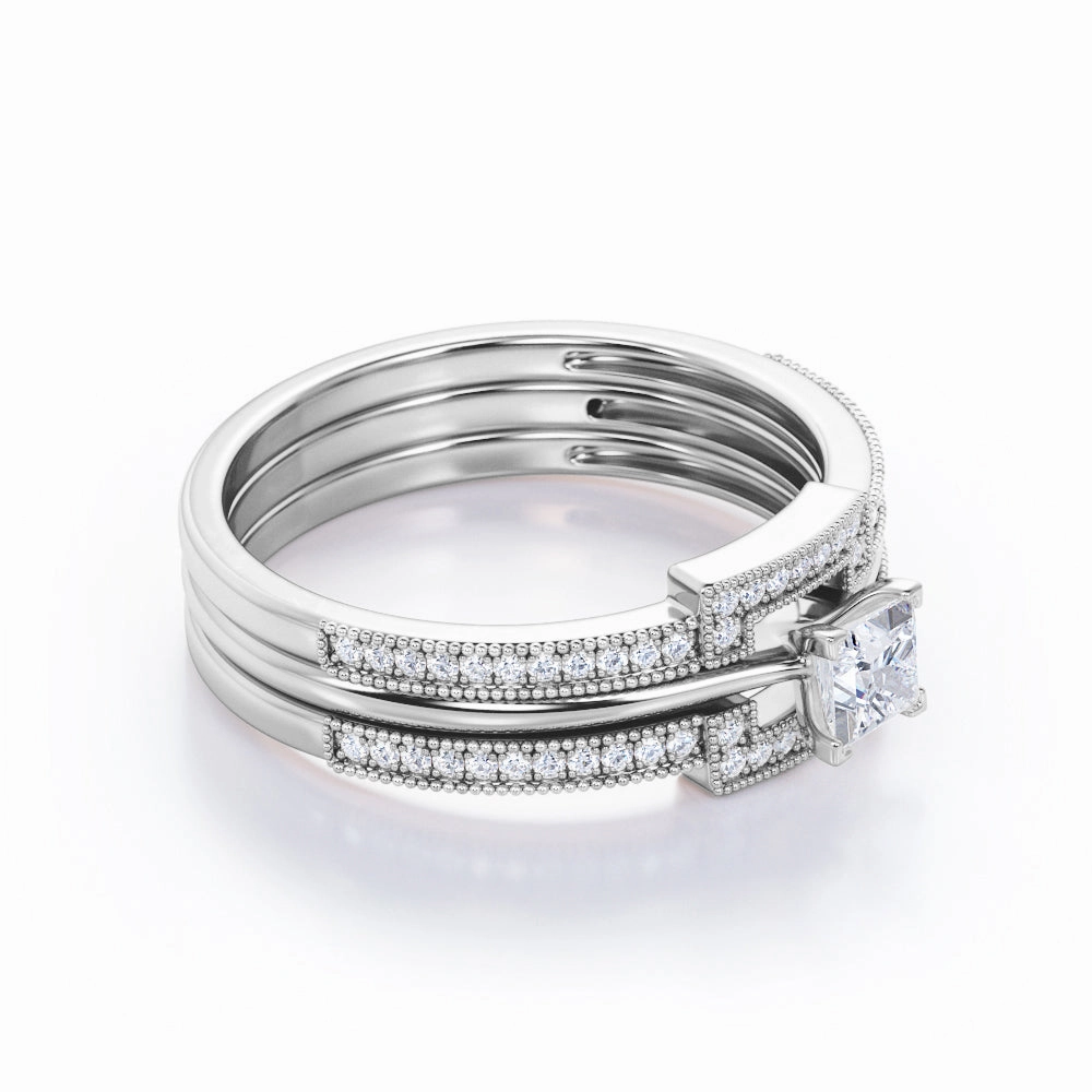 Authentic 1 carat Princess cut Moissanite and diamond halo inspired trio wedding ring set for women in rose gold