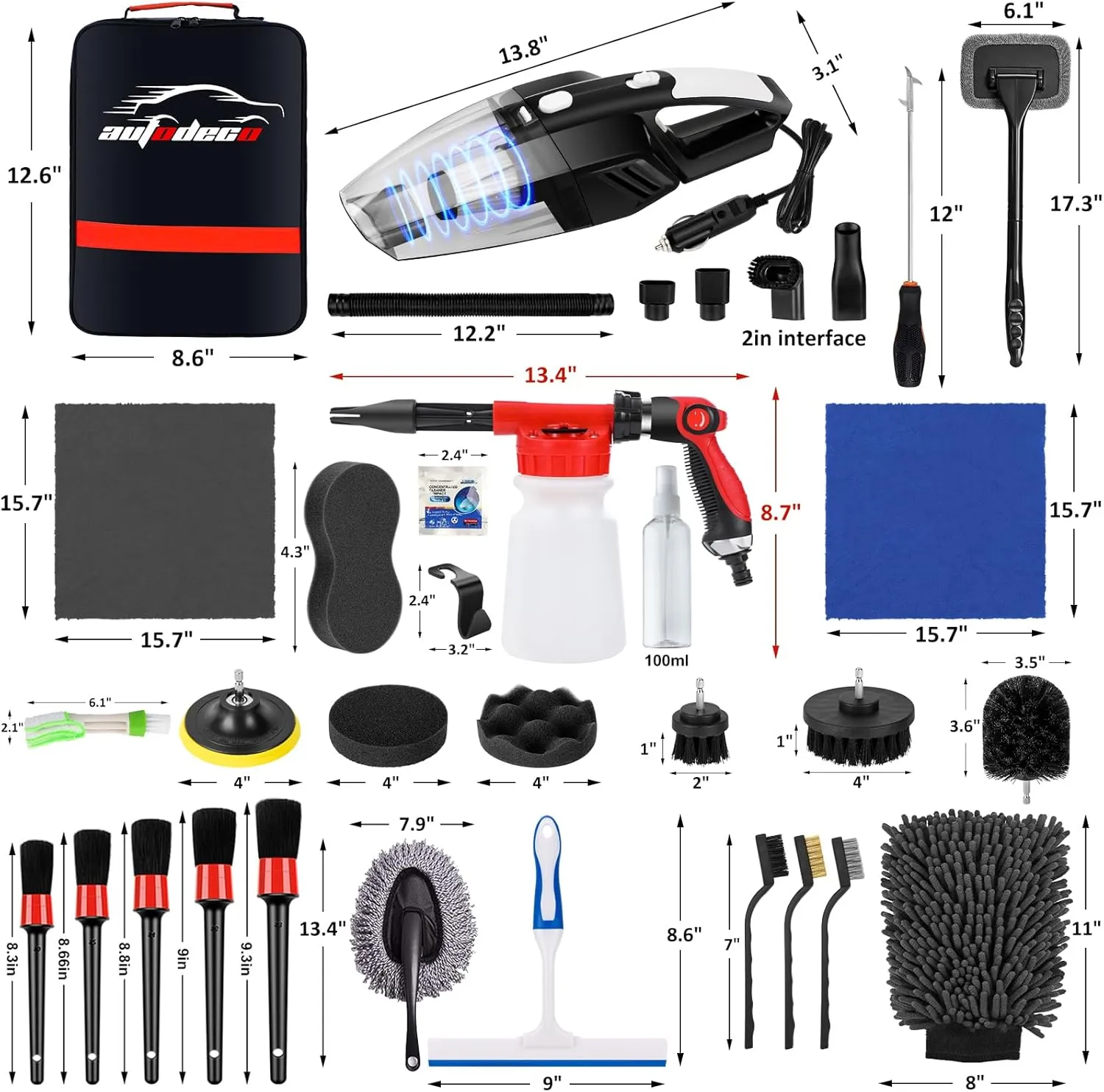 AUTODECO 43Pcs Car Wash Detailing Kit Cleaning Kits with Foam Gun Sprayer Long Handle Mop Car Vacuum Drill Brush Large Wash Mitt Towels Complete Interior Exterior Car Washing Supply Set Blue