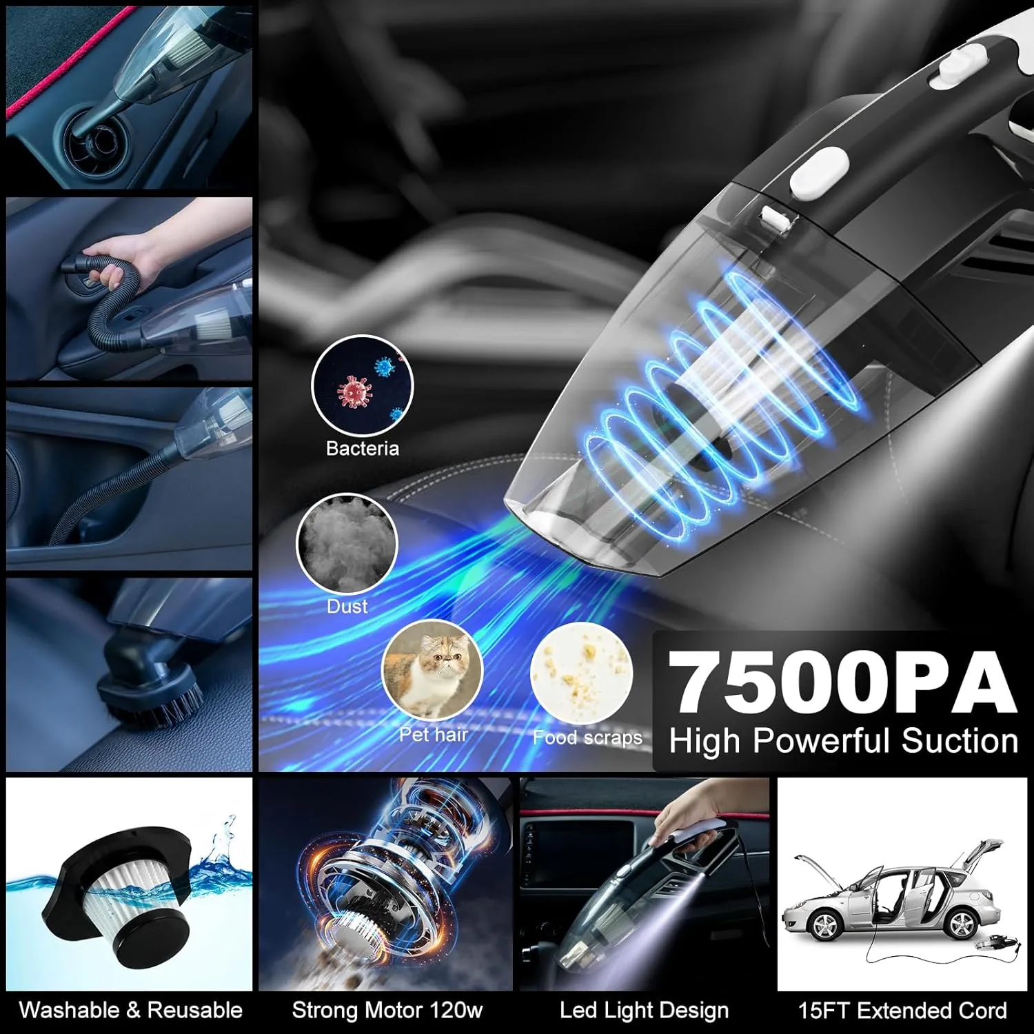 AUTODECO 43Pcs Car Wash Detailing Kit Cleaning Kits with Foam Gun Sprayer Long Handle Mop Car Vacuum Drill Brush Large Wash Mitt Towels Complete Interior Exterior Car Washing Supply Set Blue