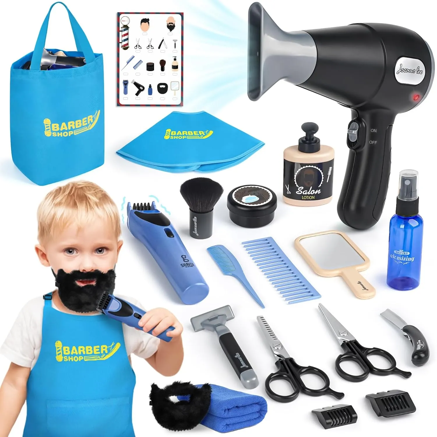 Barber Shop Pretend Play Toy, Kids Hair Salon Toys, Kids Shaving Kit for Boys Ages 3  with Blow Dryer, Electric Shaver Toys, Tool Bag and Stylist Shave Barber Accessories for Role Play (Black)