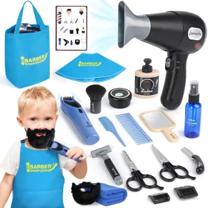 Barber Shop Pretend Play Toy, Kids Hair Salon Toys, Kids Shaving Kit for Boys Ages 3  with Blow Dryer, Electric Shaver Toys, Tool Bag and Stylist Shave Barber Accessories for Role Play (Black)