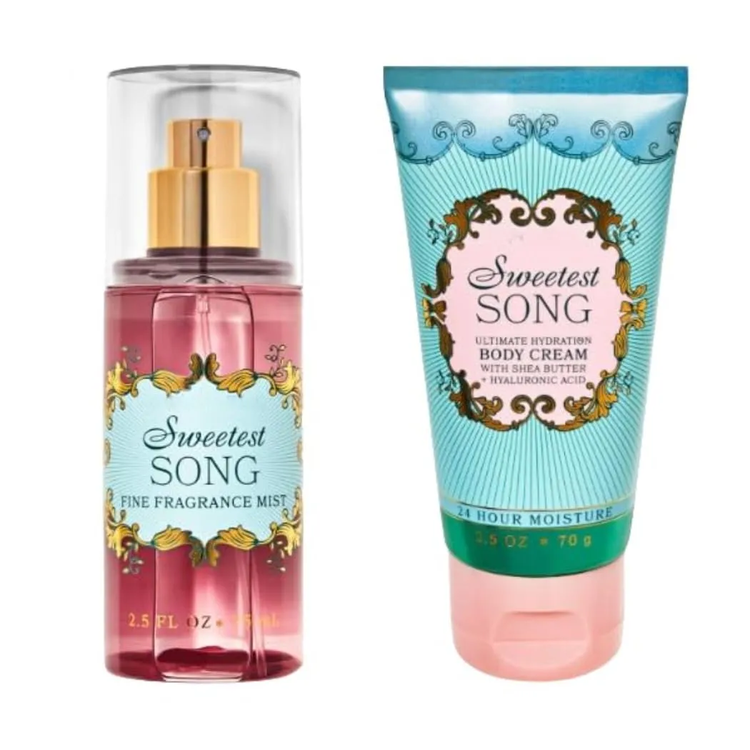 Bath & Body Sweetest Song Mini Gift Set - Fine Fragrance Body Mist Spray & Ultimate Hydration Body Cream, Travel Size 2.5 oz. each (Packaging Style May Vary)