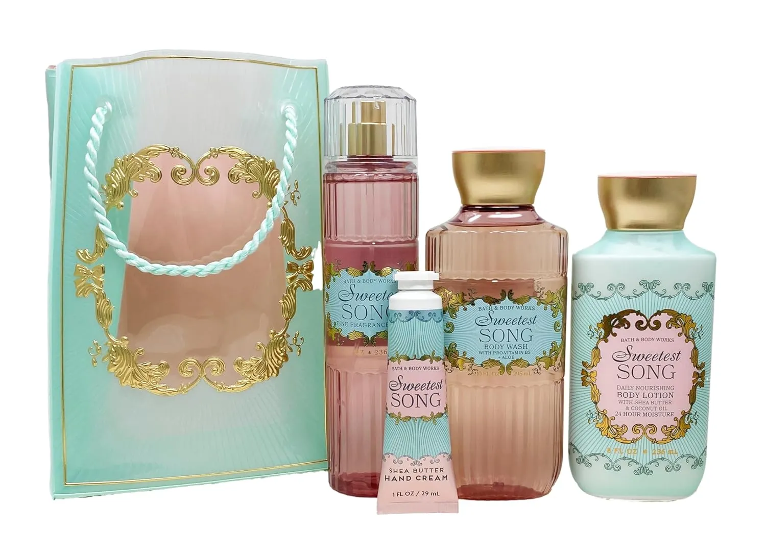 Bath and Body Work Sweetest Song Gift Bag Set - Fragrance Mist, Body Wash, Body Lotion and Hand Cream
