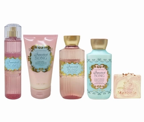 Bath & Body Works Sweetest Song 4 Piece Gift Set - Fragrance Mist, Body Wash, Body Scrub and Body Lotion - with a Himalayan Salts Springs Bar Soap