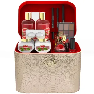 Birthday Gifts For Her, Luxury Bath and Body Gift Basket – 30pc Set, Pink Grapefruit Home Spa & Makeup Set - Cosmetic Pencils, Lip Balm, Lotion, Perfume, Rose Gold Leather Cosmetic Bag & More