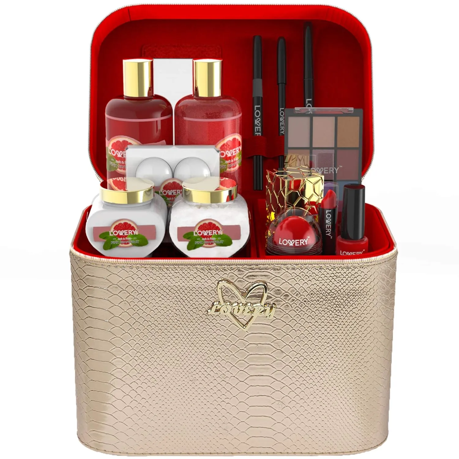Birthday Gifts For Her, Luxury Bath and Body Gift Basket – 30pc Set, Pink Grapefruit Home Spa & Makeup Set - Cosmetic Pencils, Lip Balm, Lotion, Perfume, Rose Gold Leather Cosmetic Bag & More