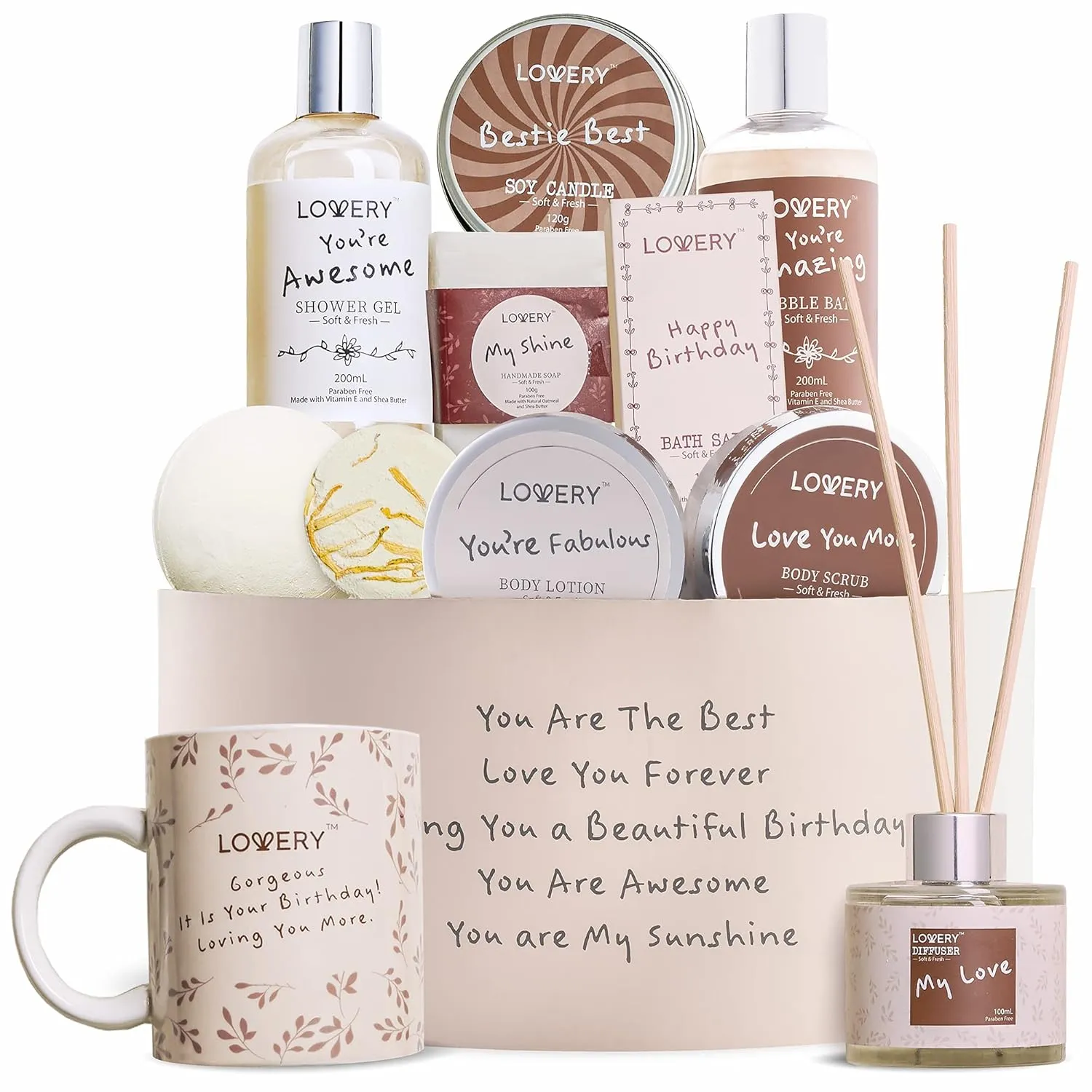 Birthday Gifts for Women, Birthday Gift Basket, Bath and Spa Gift Set for Women, Luxury Birthday Spa Gift Box, Vitamin E & Shea, Rich Bath Essentials in Coconut Scent, Happy Birthday Mug & More