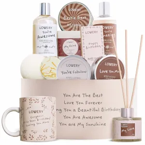 Birthday Gifts for Women, Birthday Gift Basket, Bath and Spa Gift Set for Women, Luxury Birthday Spa Gift Box, Vitamin E & Shea, Rich Bath Essentials in Coconut Scent, Happy Birthday Mug & More