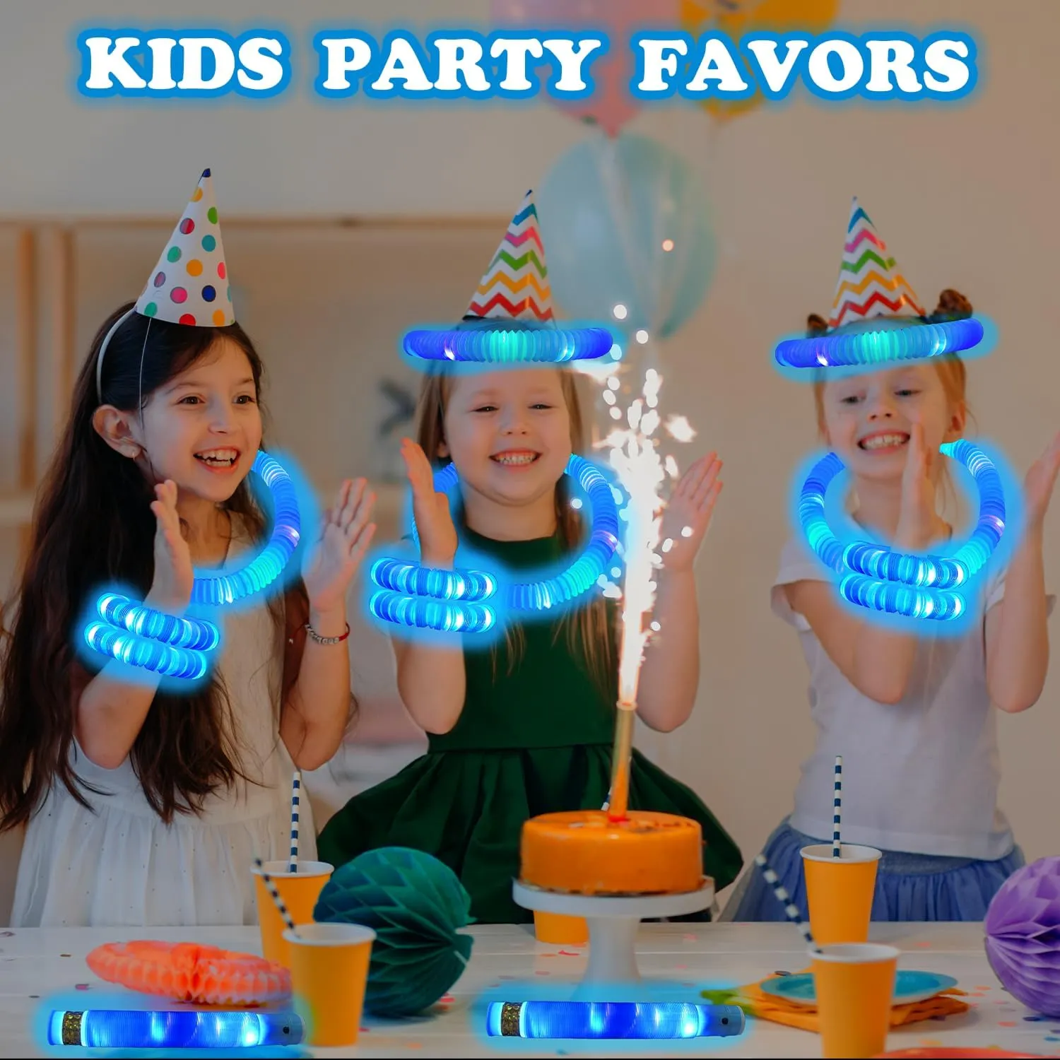 Blue Glow Sticks Party Favors for Kids 24 PCS,4th of July LED Light up Pop Tubes for Toddlers, Neon Necklaces Bracelets Accessories, Glow Birthday Dance Party Supplies Camping Toys Decorations