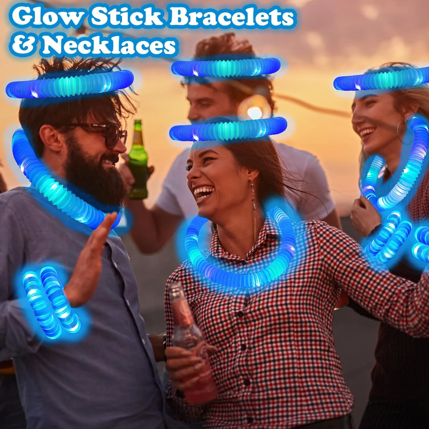 Blue Glow Sticks Party Favors for Kids 24 PCS,4th of July LED Light up Pop Tubes for Toddlers, Neon Necklaces Bracelets Accessories, Glow Birthday Dance Party Supplies Camping Toys Decorations