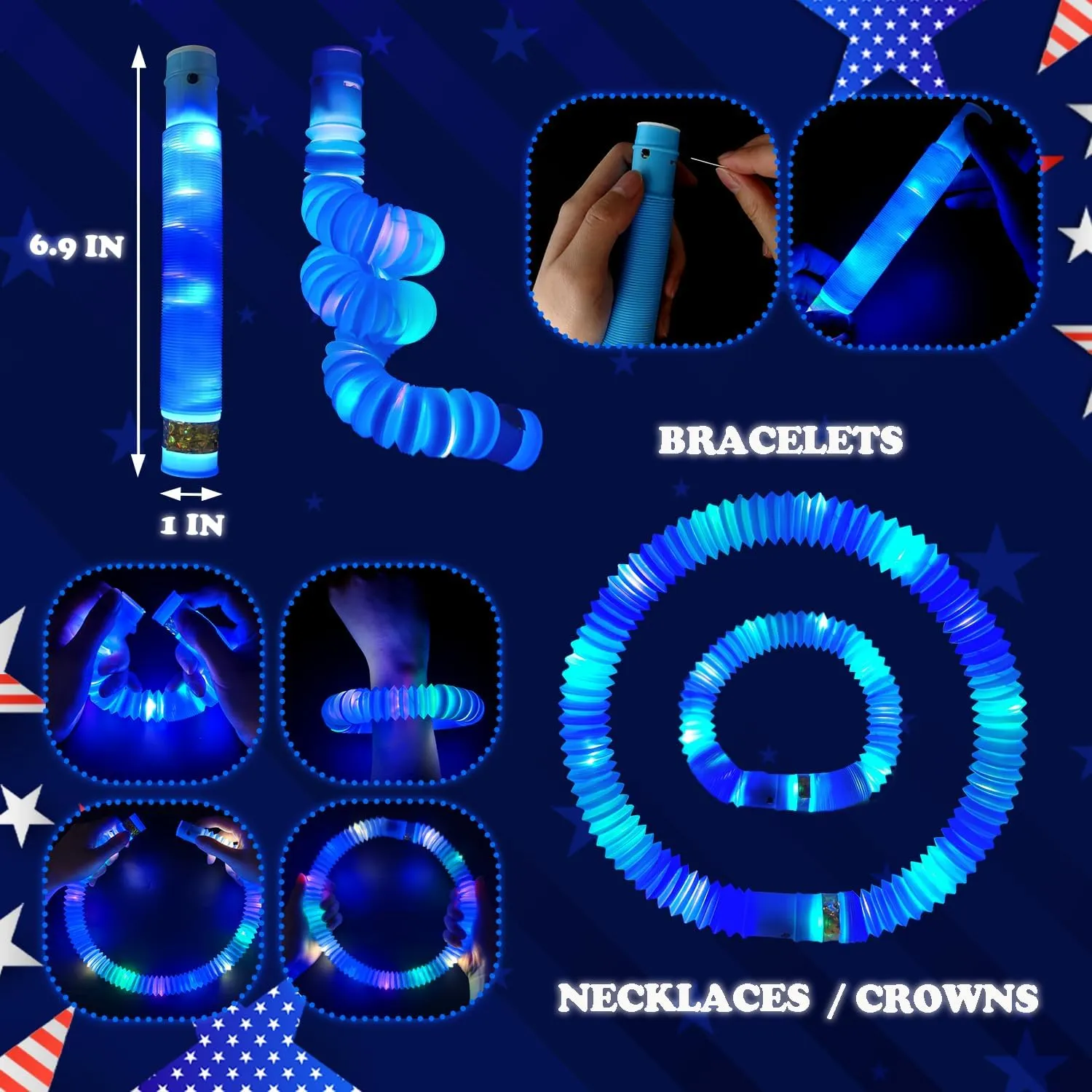 Blue Glow Sticks Party Favors for Kids 24 PCS,4th of July LED Light up Pop Tubes for Toddlers, Neon Necklaces Bracelets Accessories, Glow Birthday Dance Party Supplies Camping Toys Decorations