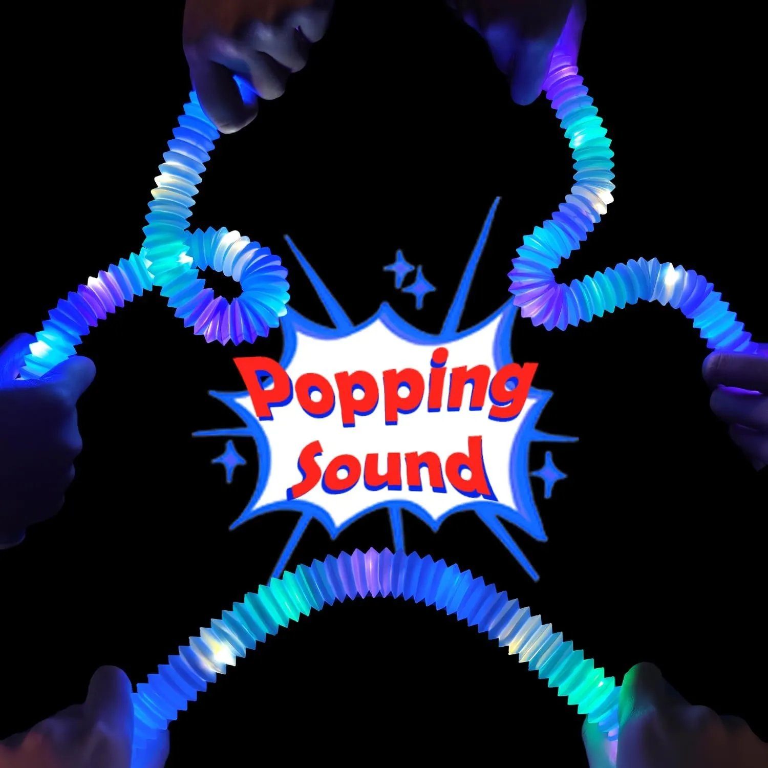 Blue Glow Sticks Party Favors for Kids 24 PCS,4th of July LED Light up Pop Tubes for Toddlers, Neon Necklaces Bracelets Accessories, Glow Birthday Dance Party Supplies Camping Toys Decorations