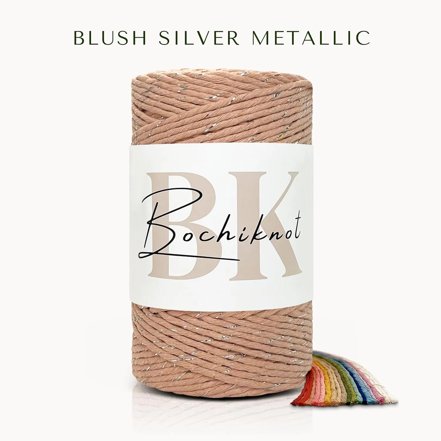 BOCHIKNOT Metallic Macrame Cord 3mm - Single Strand Twist with Silver Metallic - Macrame Cotton Cord for Knotting, Wall Hangings, Plant Hangers - Metallic Silver 3mm Macrame (330yds, Blush & Silver)