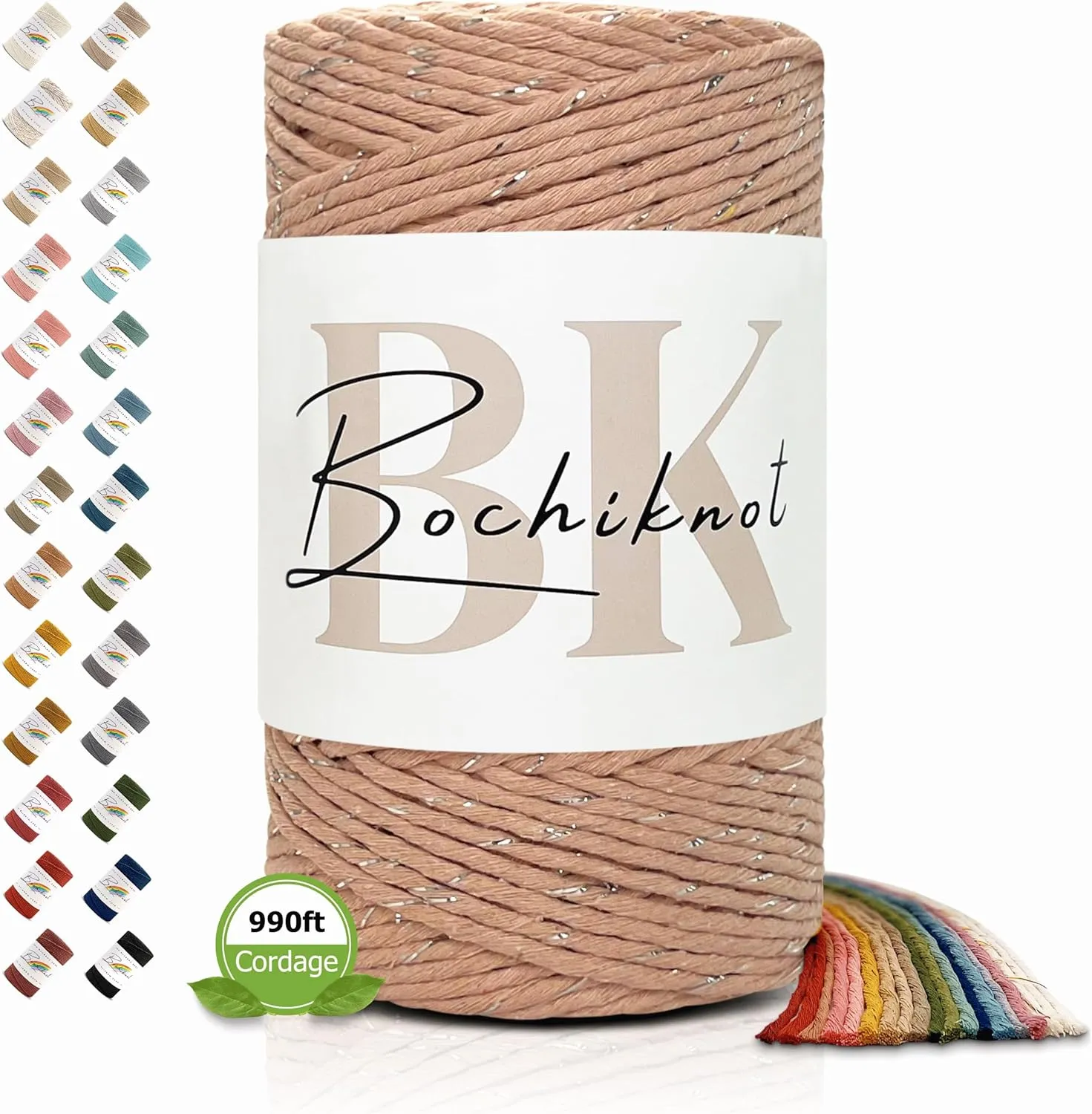 BOCHIKNOT Metallic Macrame Cord 3mm - Single Strand Twist with Silver Metallic - Macrame Cotton Cord for Knotting, Wall Hangings, Plant Hangers - Metallic Silver 3mm Macrame (330yds, Blush & Silver)